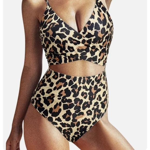 Nwot Animal Print Cut Out Monokini One Piece Bathing Suit High Waist - Picture 2 of 13